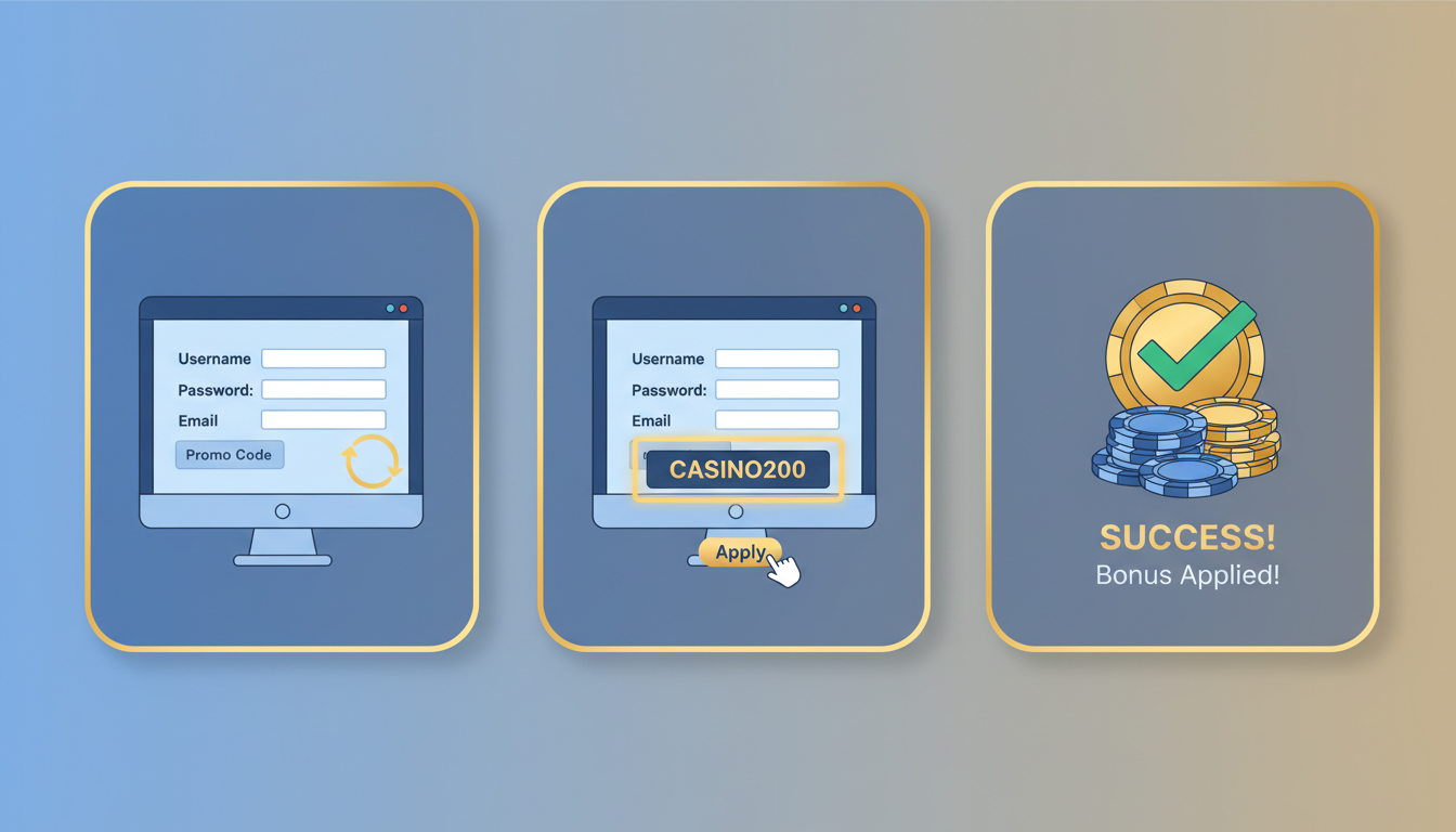 Infografika przedstawiająca proces aktywacji kodu promocyjnego w kasynie online